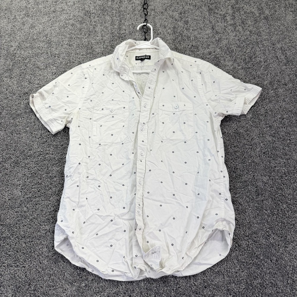 Express Shirt Mens Medium White Geometric Short Sleeve Button Up Casual Pockets